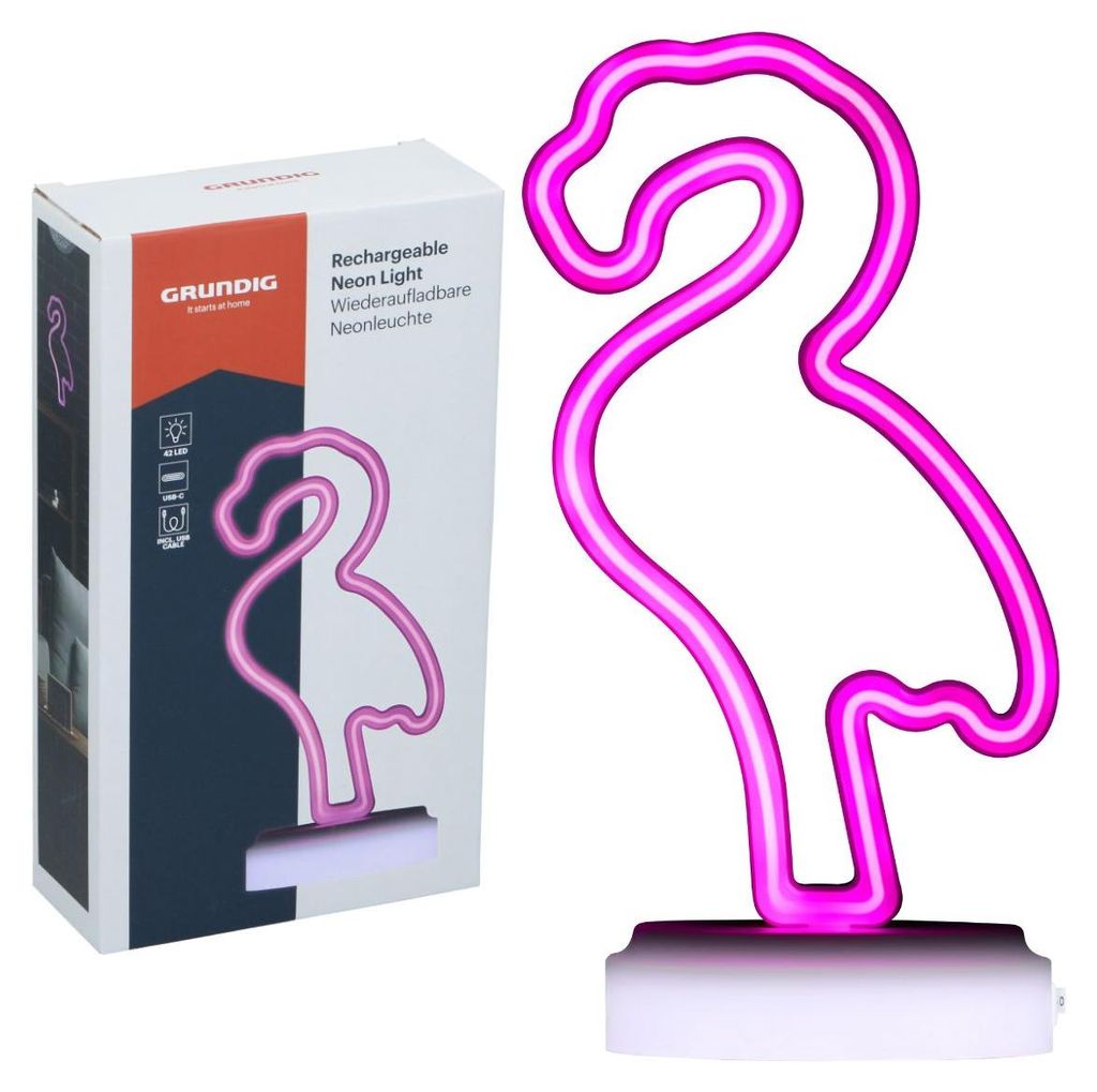 Grundig Tischlampe Flamingo Neonlampe - Kabellos mit 42 LED - Schreibtischlampe LED USB-C Akku - Gaming Deko Lampe Rosa für Wohnzimmer