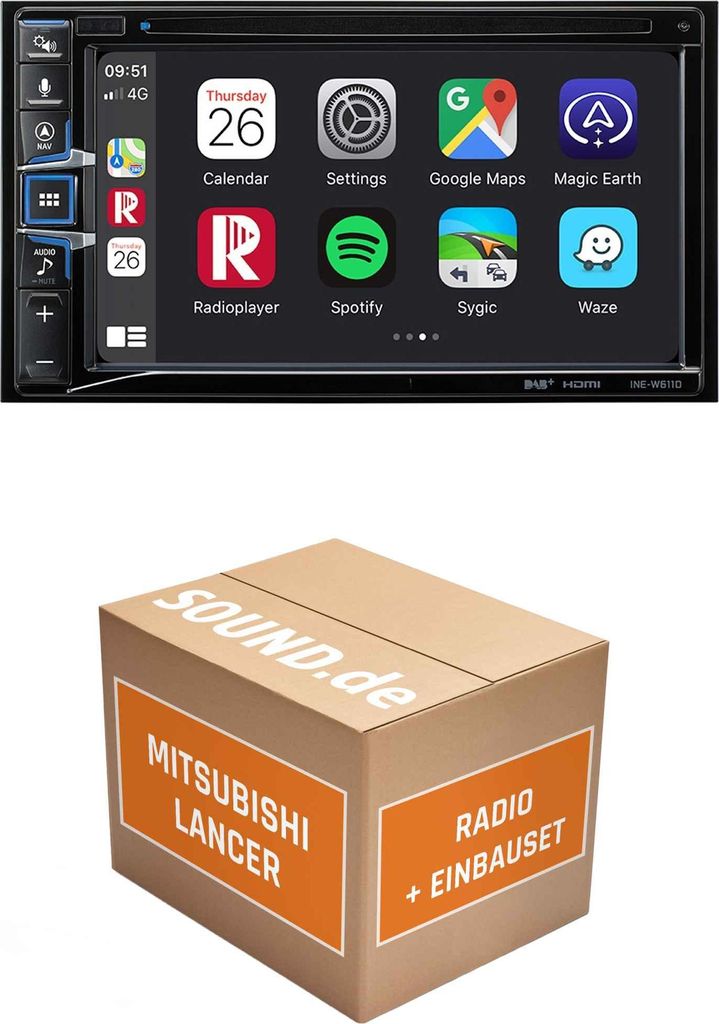 Autoradio Einbaupaket Alpine INE-W611D passend für Mitsubishi Lancer CY0 + Rockford Fosgate | Navigationssystem CD-/DVD-Laufwerk