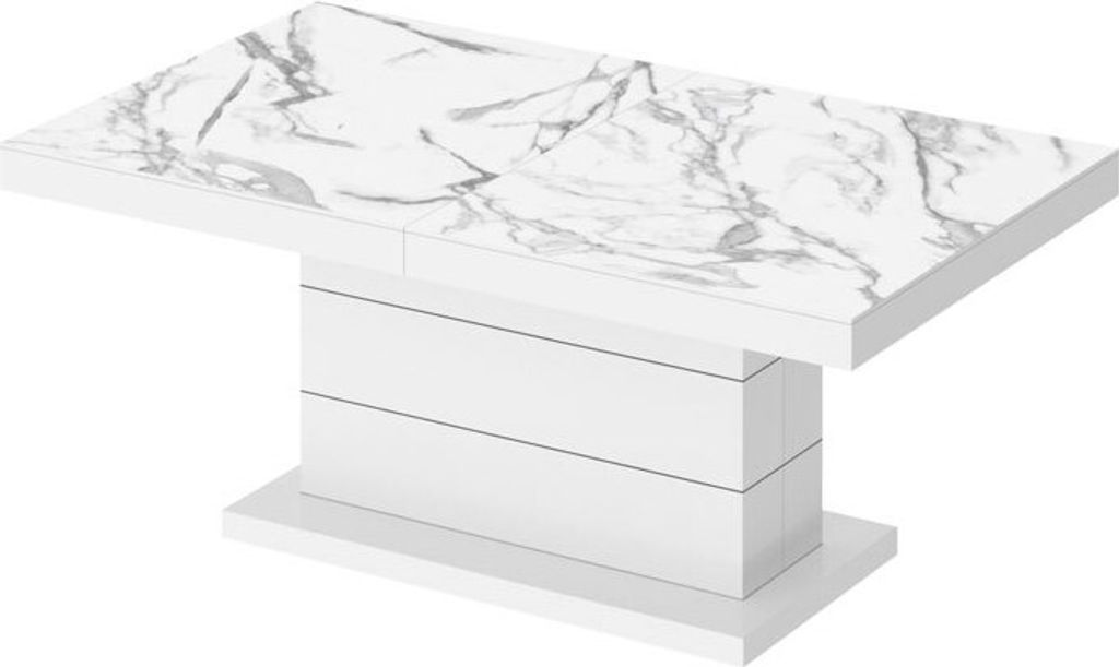 Design Couchtisch Matera Lux H-333 Marmor Natur - Weiß Hochglanz Marmoroptik höhenverstellbar ausziehbar Tisch Esstisch