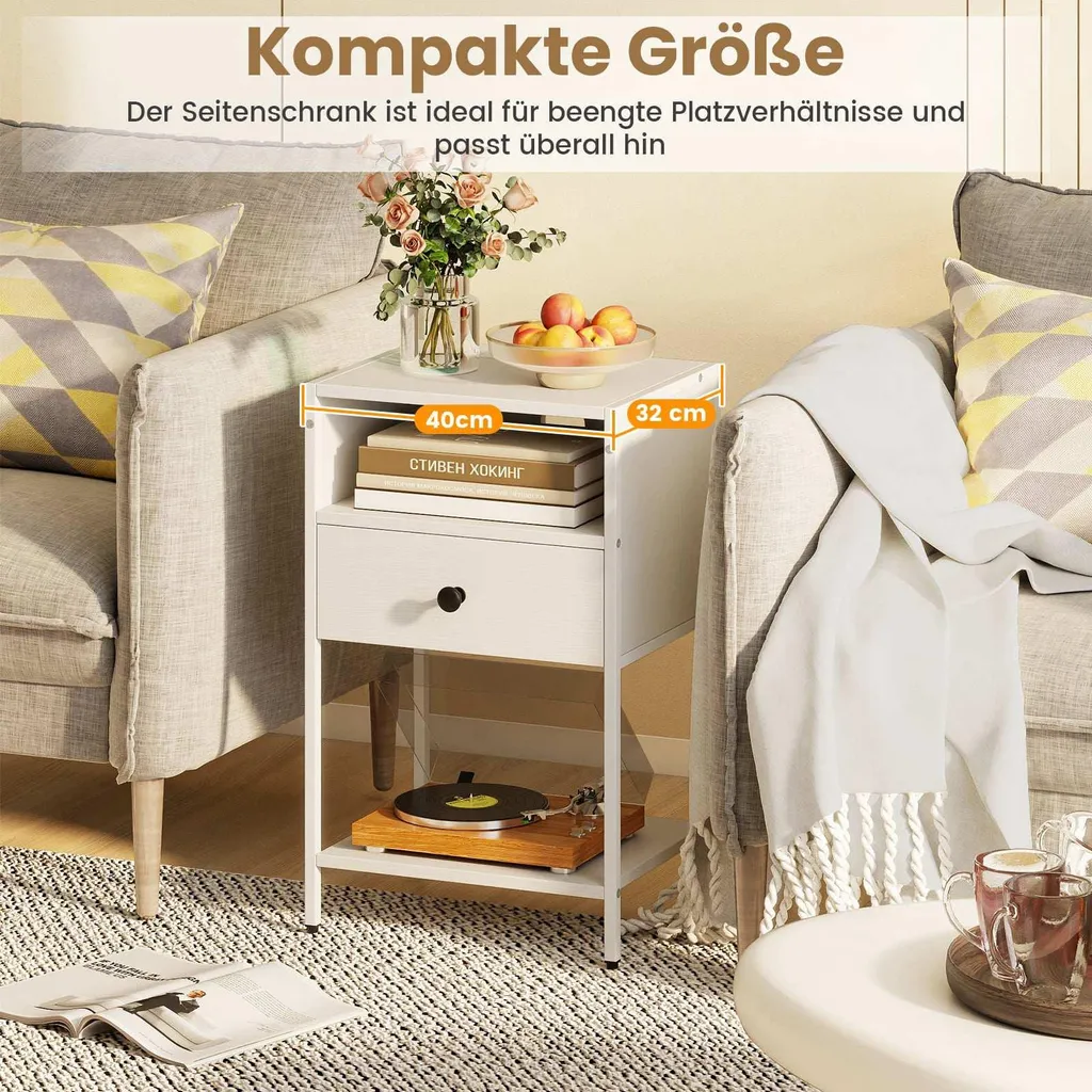 Table de nuit industrielle blanche pour petit espace avec chargeur USB