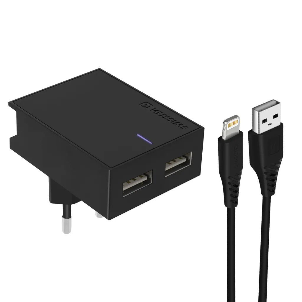 ADATTATORE DI RETE SWISSTEN SMART IC, CE 2x USB 3 A POTENZA NERO + CAVO DATI SWISSTEN USB / LIGHTNING MFi 1,2 M NERO