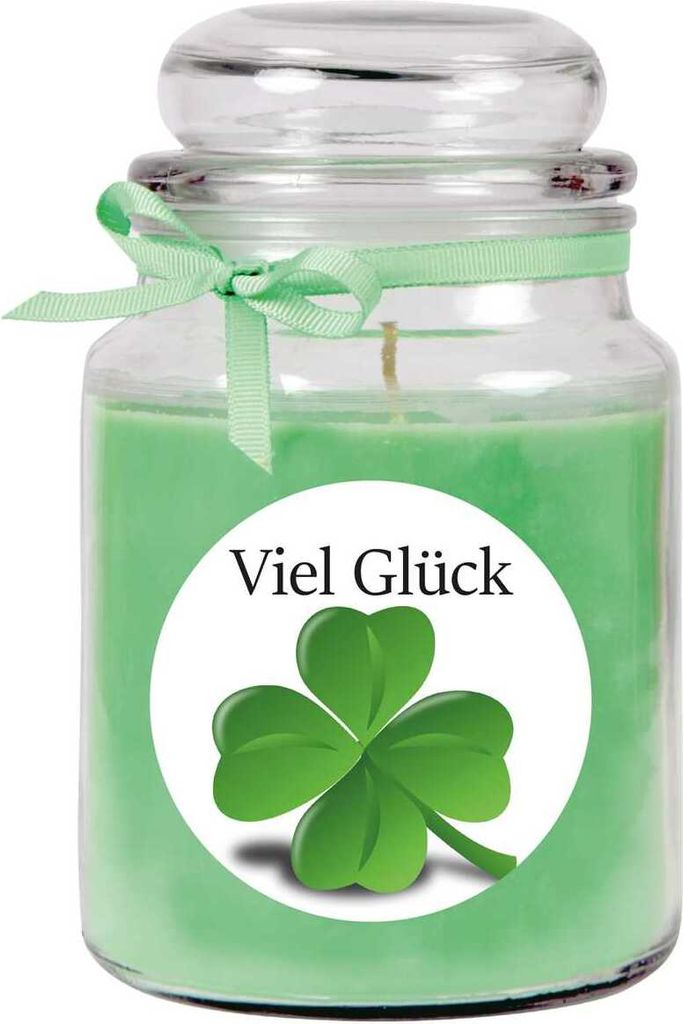 Duftkerze im Bonbonglas "Viel Glück", Duft: Kokos ( Grün ), 500g - Brenndauer bis zu 110 Stunden