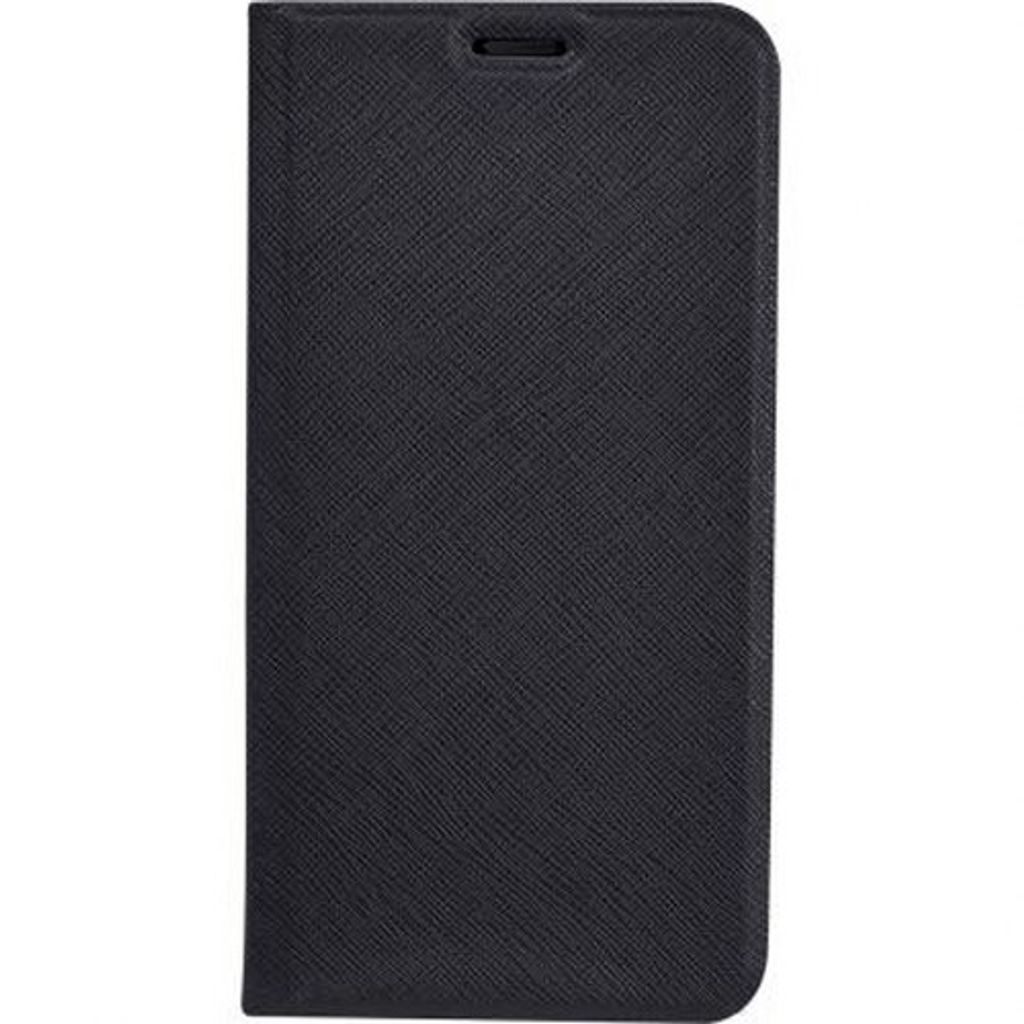 A black folio case for a smartphone, shown closed and standing upright.