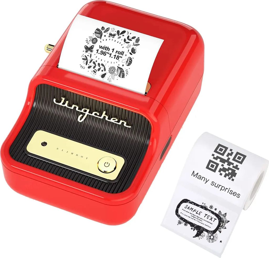 A red and black thermal label printer with a gold accent panel, shown with a roll of labels next to it.
