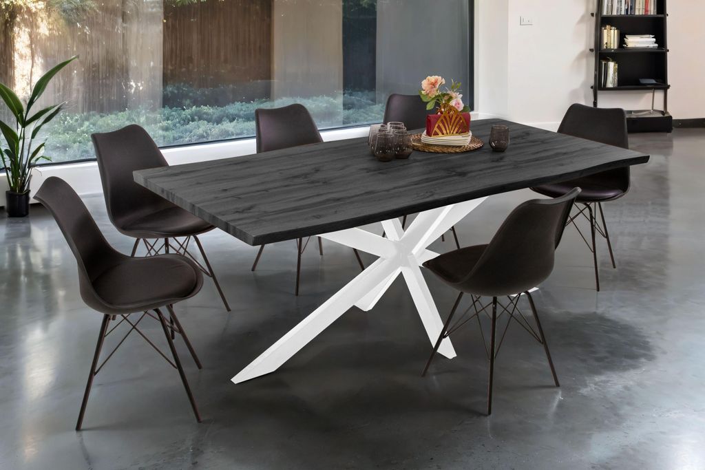 Esstisch Baumkante Holz-Optik Grau 200 x 100 Spider-Gestell weiß JOSY