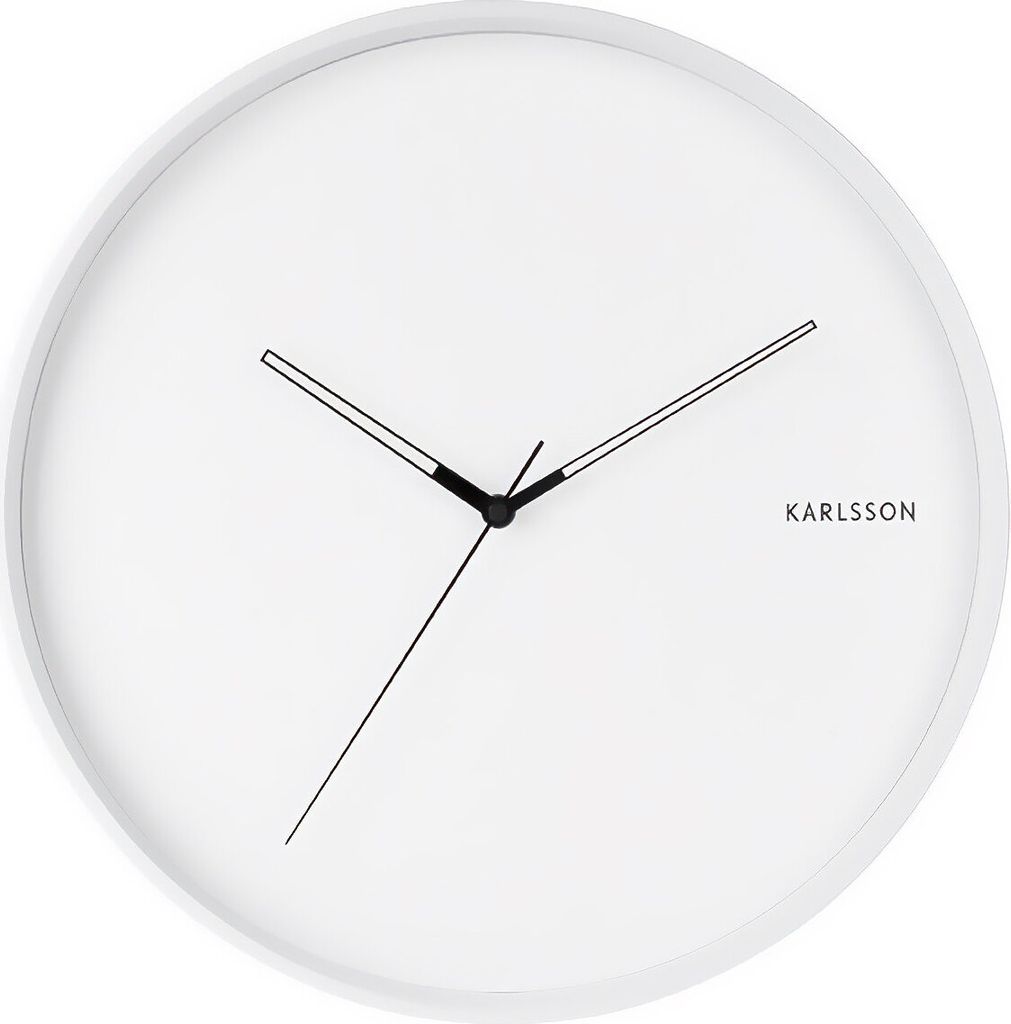 A minimalist white wall clock with black hands and the brand name 'KARLSSON' printed on the face.