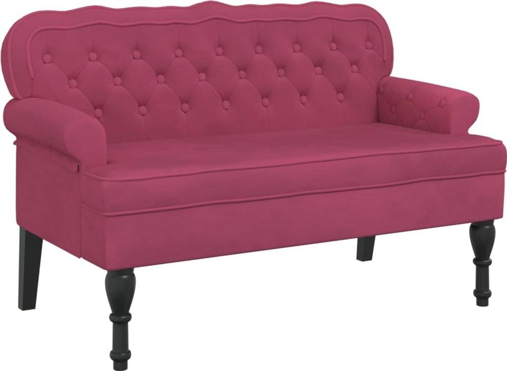 A studio shot of a pink loveseat with tufted back and rolled arms, resting on four black legs.