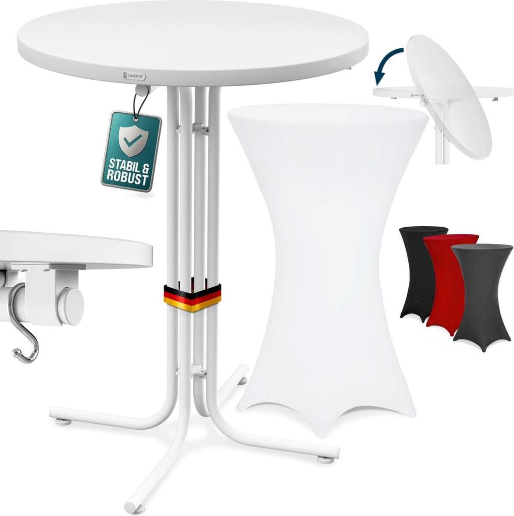 CASARIA Stehtisch mit Husse 70 cm Klappbar Weiß Rund Holz Metall Pulverbeschichtet Wetterfest Hoch Set Bistrotisch Bartisch Garten Hochzeit Tisch