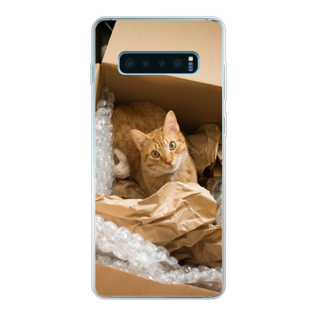 MuchoWow Handyhülle Schutzhülle Hülle für Samsung Galaxy S10 Plus Katze - Box - Rot Silikon Softcase Handy Hülle - Schutzhülle
