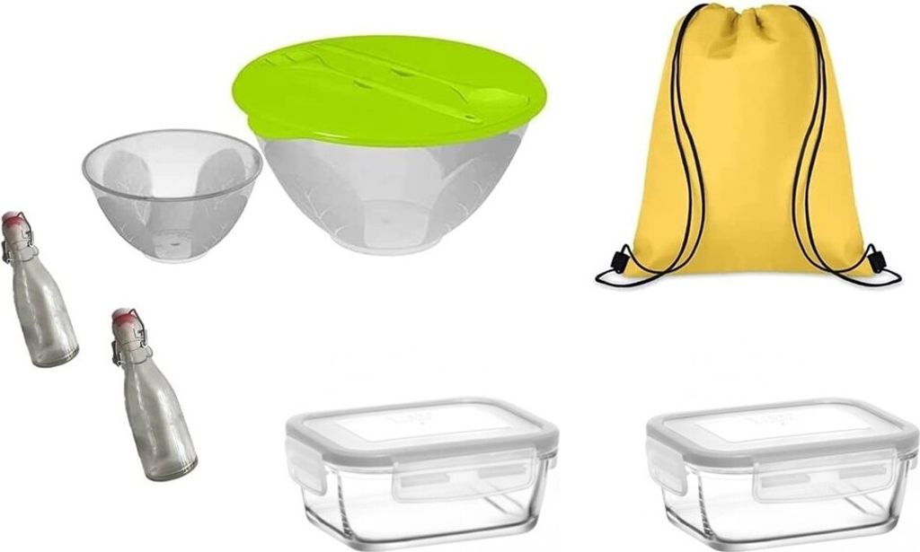 Set Bügelflaschen Bügelflasche Glasflaschen 2x 150ml mit Bügelverschluss zum Selbstbefüllen To Go 5 L Salat & Go+ 1 Schüssel 1 Liter plus
