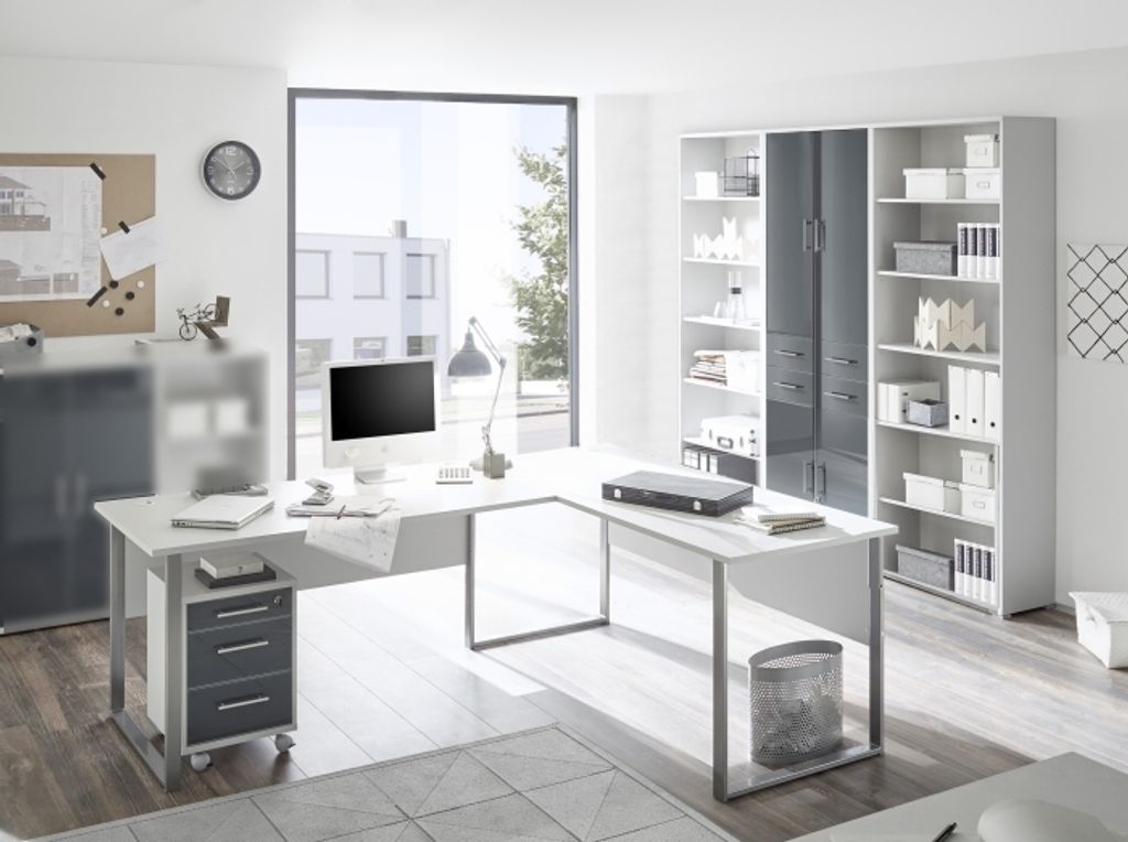 Büromöbel Office Luxo 5 teiliges Kompett Set in Lichtgrau mit Graphit Glasfronten abschließbar