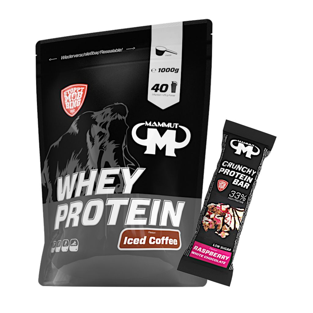 Mammut Nutrition - Whey Protein 1000 g Beutel - 40 Portionen Eiweiß + GRATIS Protein Bar (Raspberry White Chocolate), Geschmack: Iced Coffee