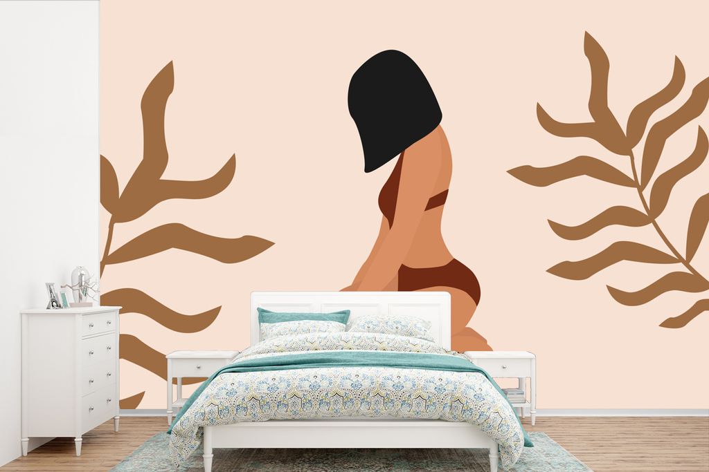 MuchoWow Fototapete für Wohnzimmer oder Schlafzimmer Wandtapete Vinyl Motivtapete Sommer - Frau - Pflanzen - 450x300 cm - Gemusterte