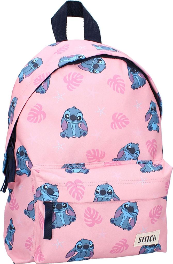 A pink backpack with a Stitch pattern is shown against a white background.