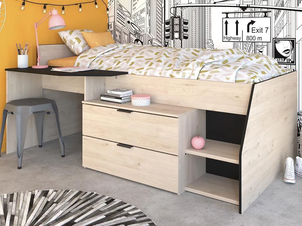 PARISOT GISELE Lit Enfant combiné avec Bureau et Rangement 90x200 Chêne