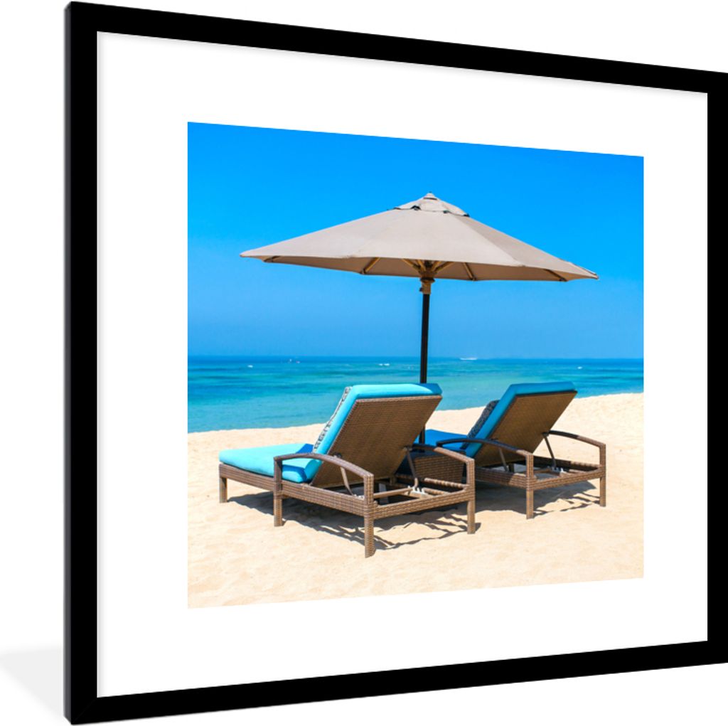 MuchoWow Gerahmtes Poster Strandkorb - Sonnenschirm - Sommer - Meer 40x40 cm - Poster mit Schwarzem Bilderrahmen Wandposter Rahmen Foto Bilder - ...