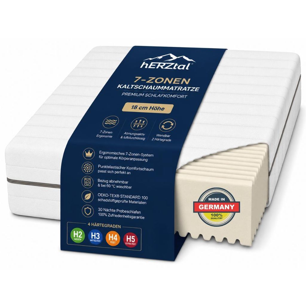 7-Zonen Kaltschaummatratze 140x200 Härtegrad H4 – 18cm Höhe Produktbild 