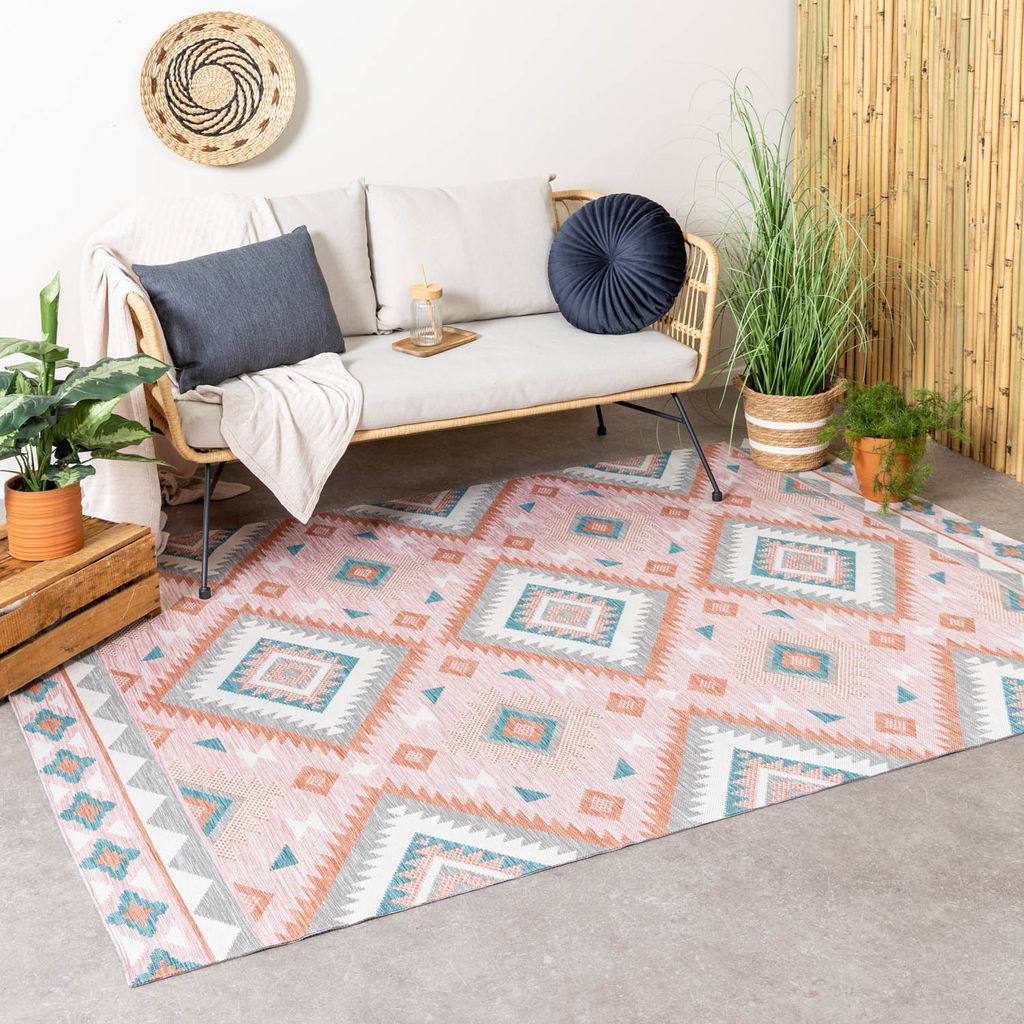 Volero - Outdoor Teppich Boho - Vedra Aztec Rosa - 160x230 cm - Garten, Terrasse - Boho, Klassik, Modern, Skandinavisch, Retro