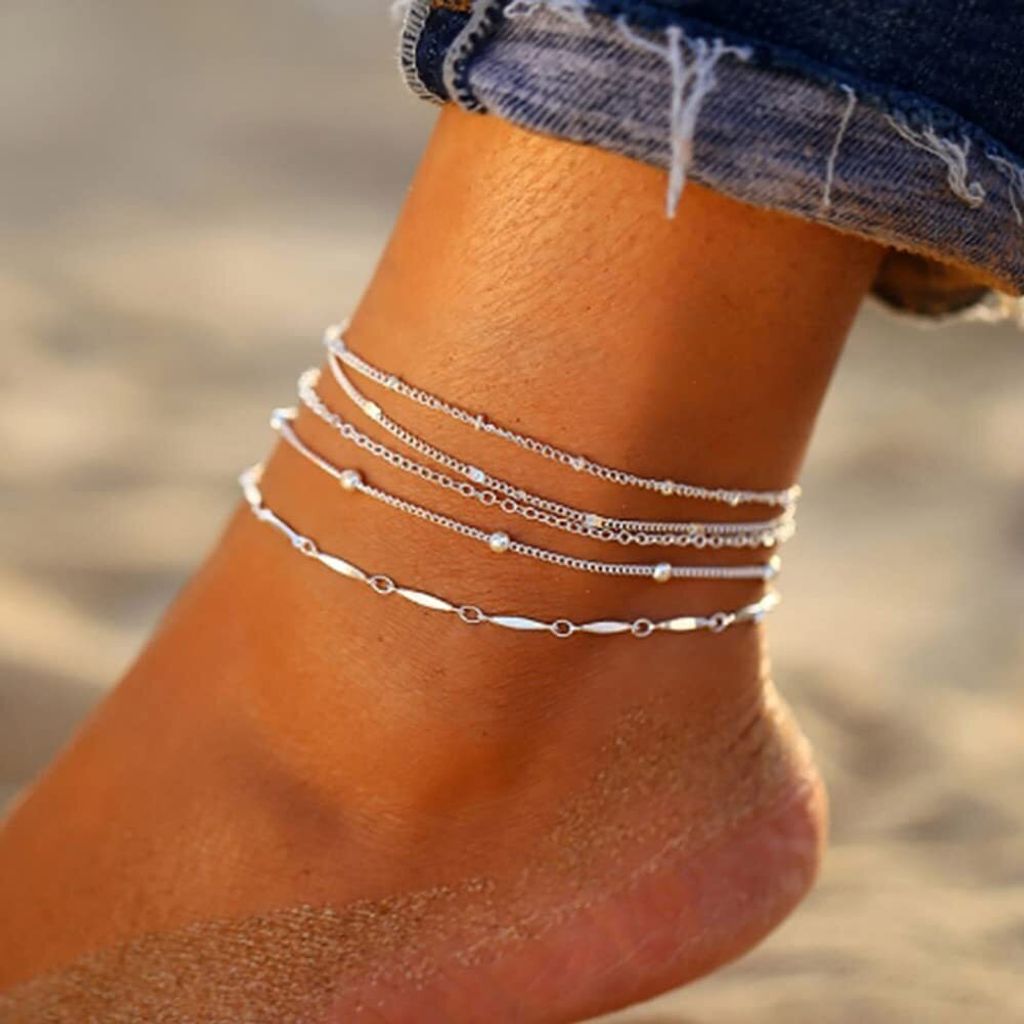 Boho Fußkettchen, mehrschichtige Silberkette, Fußkettchen, Produktbild 