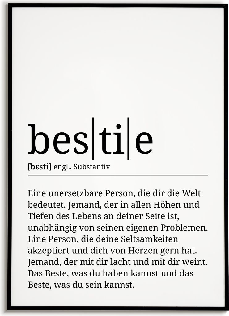 bestie Poster Definition - Beste Freundin Geschenk Freundinnen Wandbild – A4 (21x29.7cm) / schwarzer Bilderahmen