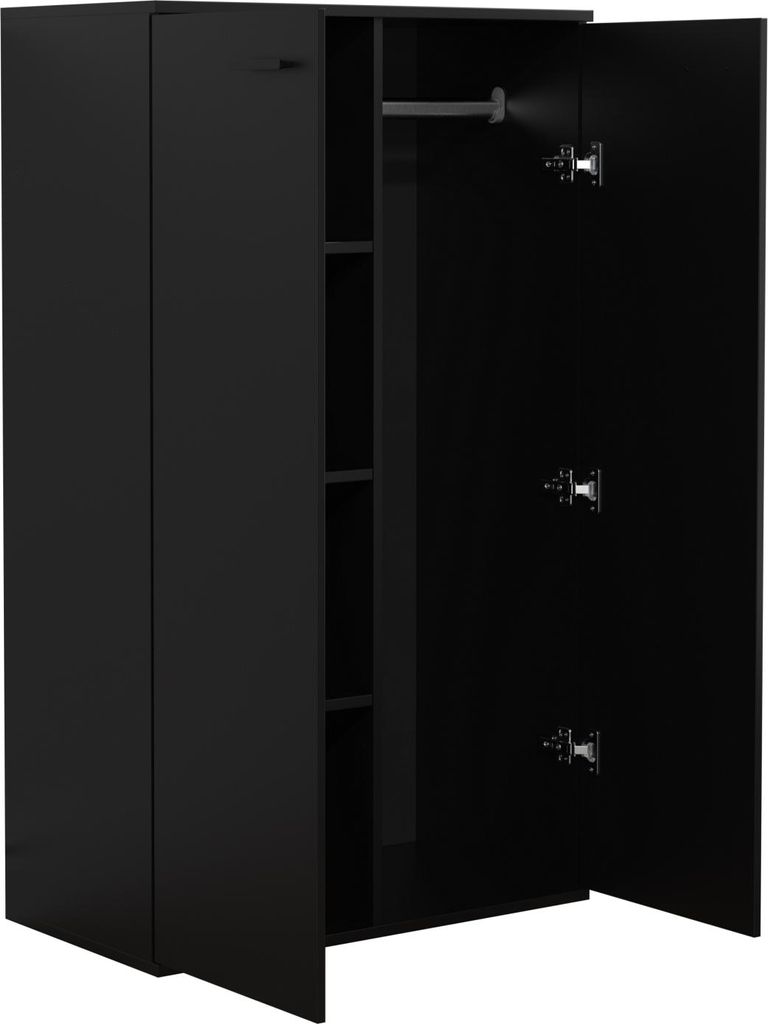 A black wardrobe with one door open, revealing shelves and a hanging rod.