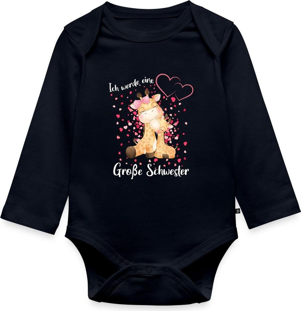 Spreadshirt Ich Werde Eine Große Schwester 2025 Giraffen Tages Baby Body Langarm, 80 (9-12 M.), Navy