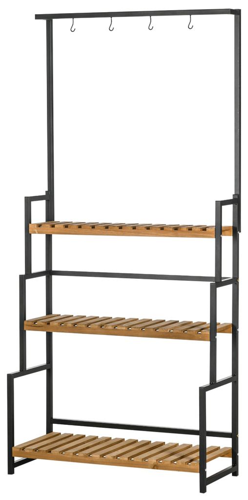 Pflanzenregal mit 3 Ebenen und Befestigungshaken, Blumentreppe aus Naturholz, 80 cm x 36 cm x 174 cm, Natur