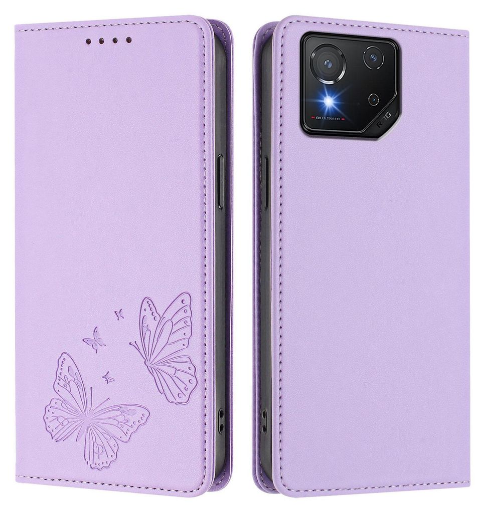 Lederhülle für Asus ROG Phone 8 / 8 Pro, Schmetterling Prägung Leder Brieftasche Schutzhülle mit Ständer Violett