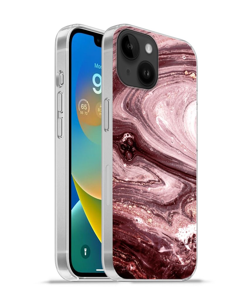 MuchoWow Handyhülle Schutzhülle Hülle für Apple iPhone 14 - Softcase Marmor - Gold - Rosa Silikon Softcase Handy Hülle - Mobiltelefonhülle