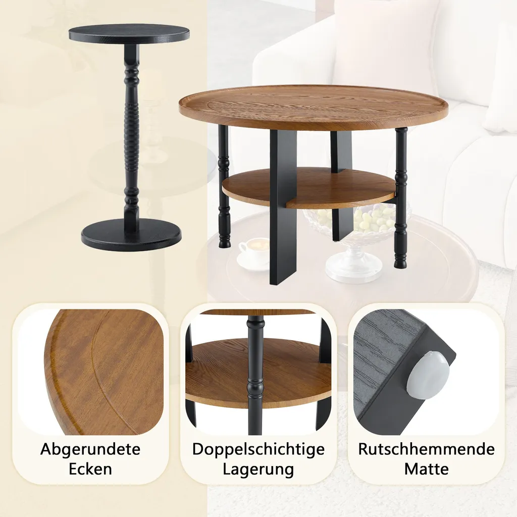 Table basse ronde 80cm avec rangement et table d'appoint en bois - 7