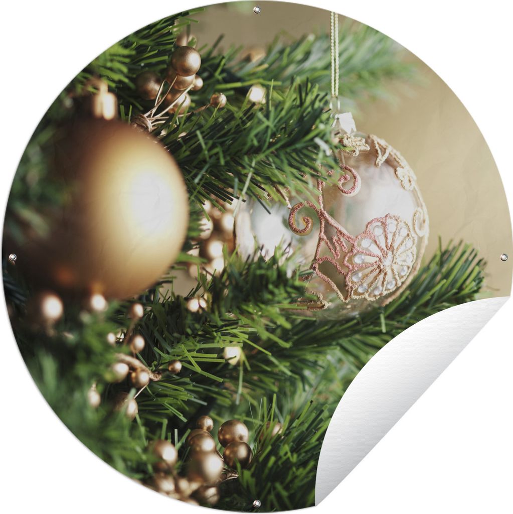 MuchoWow Gartenposter Outdoor-Poster Rund Nahaufnahme von Weihnachtsschmuck im Weihnachtsbaum Ø 90 cm Gartendeko Rundes Poster draußen