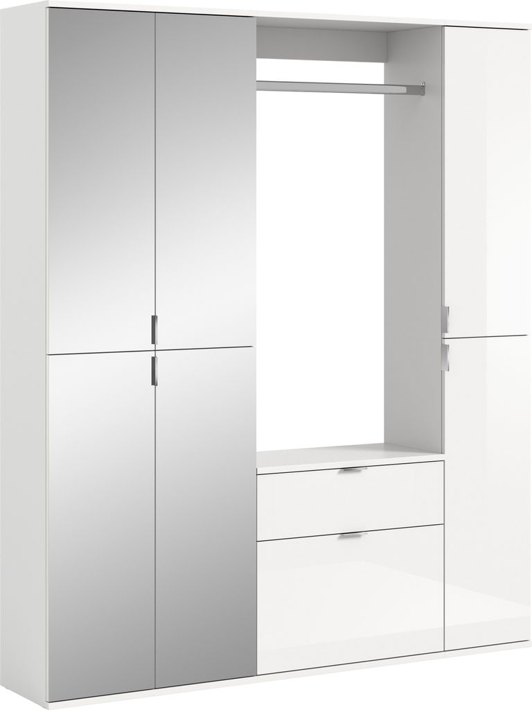 Garderobenkombination Weiß Hochglanz mit Spiegelschrank und Produktbild 