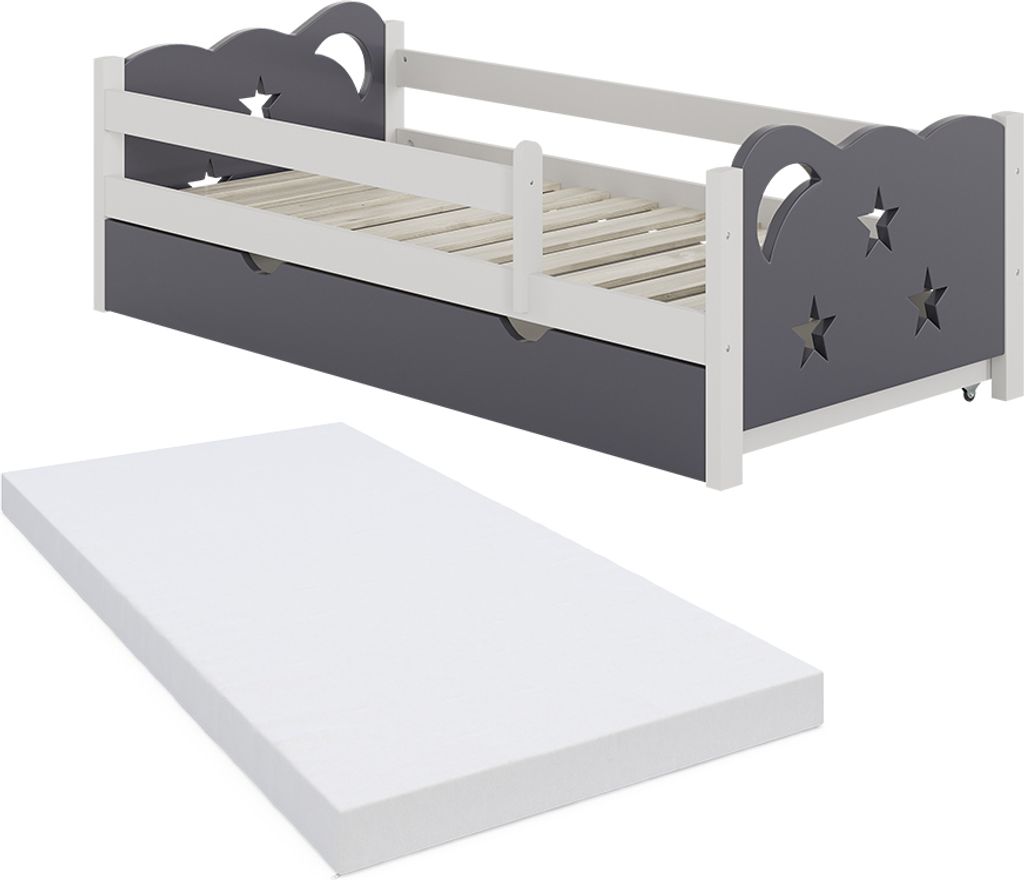 A children's bed with a pull-out drawer and a mattress, shown separately.