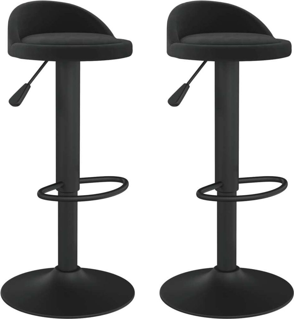 Two black bar stools are shown against a white background.
