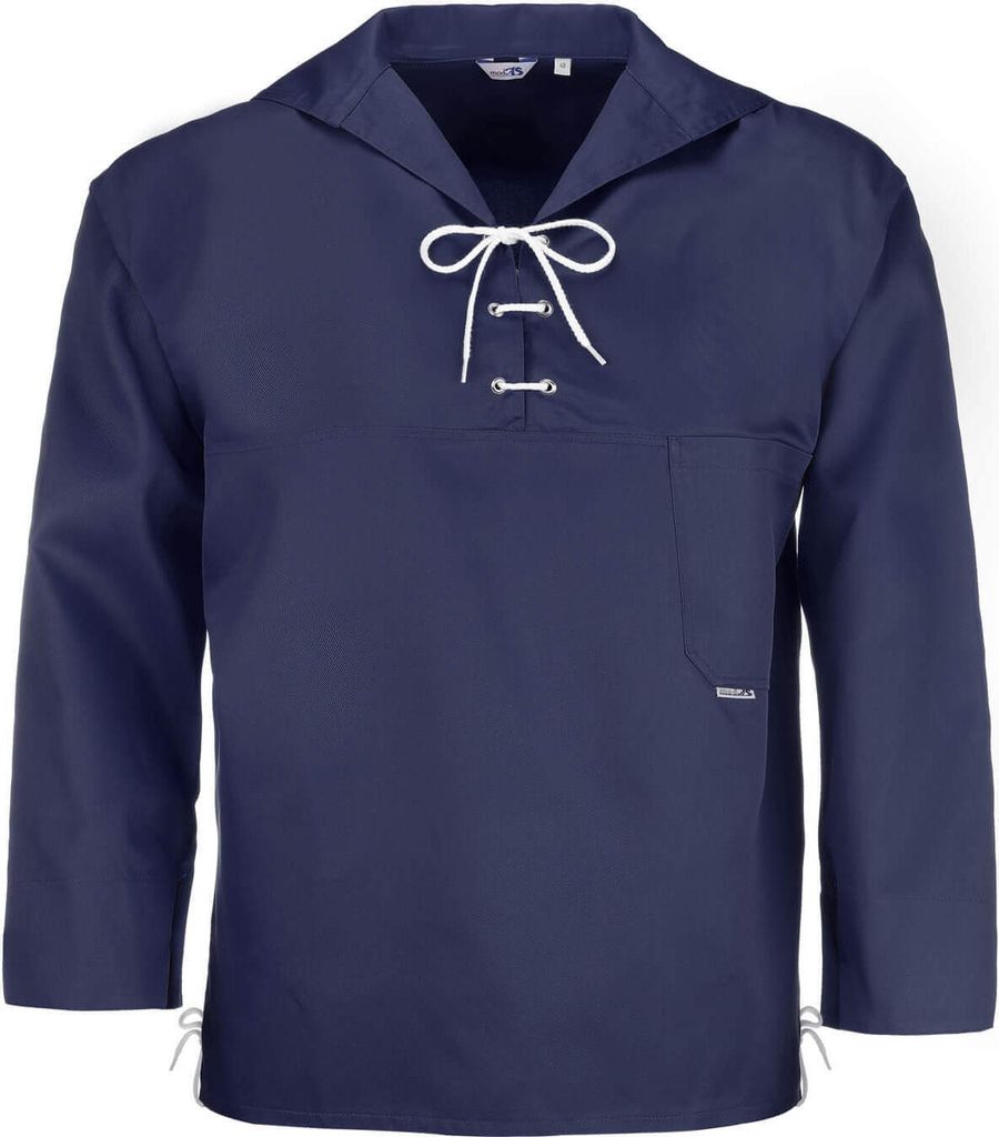 modAS Uni Schlupfblouson Maritim mit Kordelschnürungen - Fischerhemd uni mit Brusttasche in Marine Größe Damen 44 – Herren 50