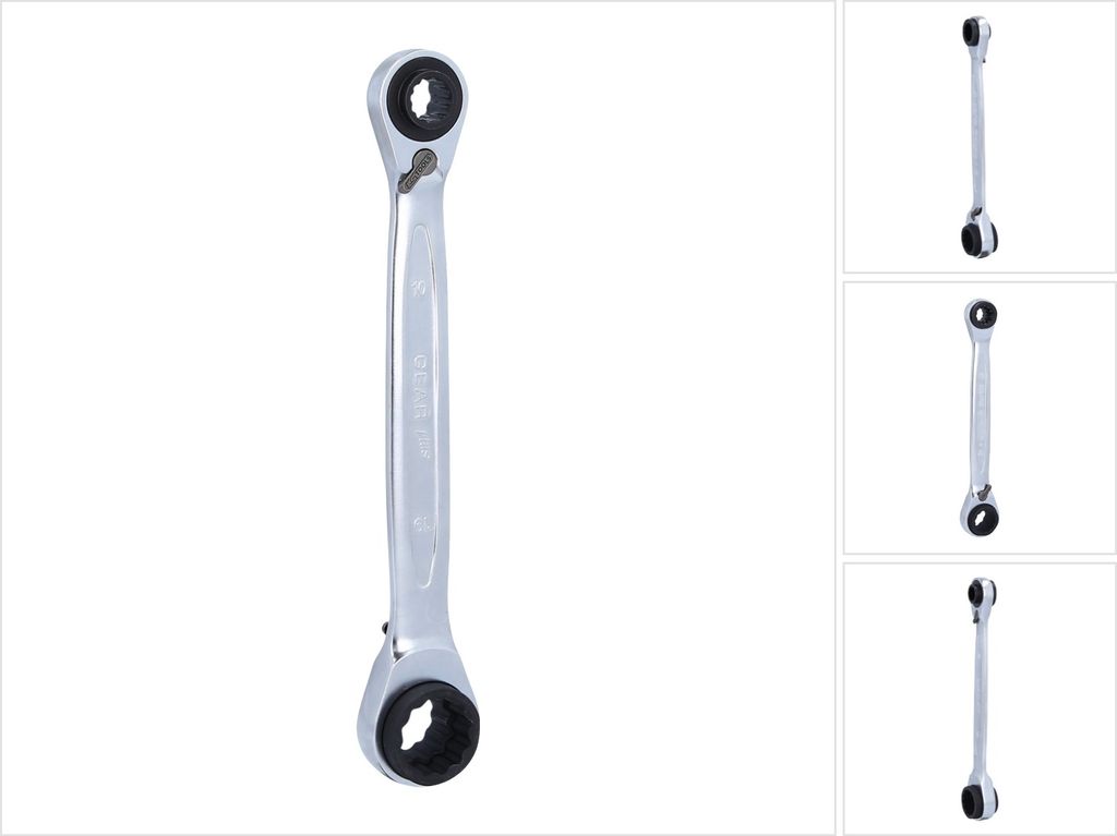 A collage of images showing a double ratcheting wrench from different angles.