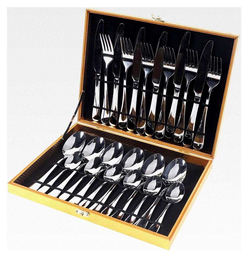 Besteckset für 12 Personen, 24-teiliges Edelstahlbesteck, hochglanzpoliert mit Steakmessern, Messern, Gabeln und Löffeln, spülmaschinenfest