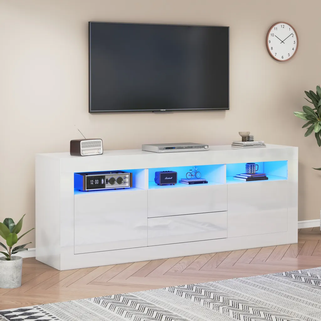 Meuble TV LED Connecté avec Façades Laquées et 2 Tiroirs Blanc 160cm