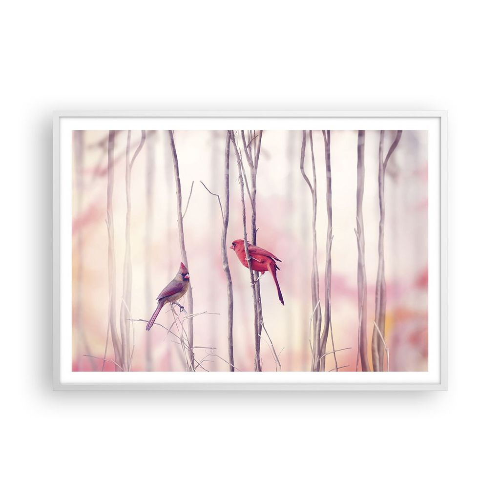 Gerahmtes Poster - Weißer Rahmen - Vögel Kardinal Scharlachrot - 100x70 cm - Wand Bild - Wanddeko - Wandbilder - Wandposter - Bilderrahmen - Bild...