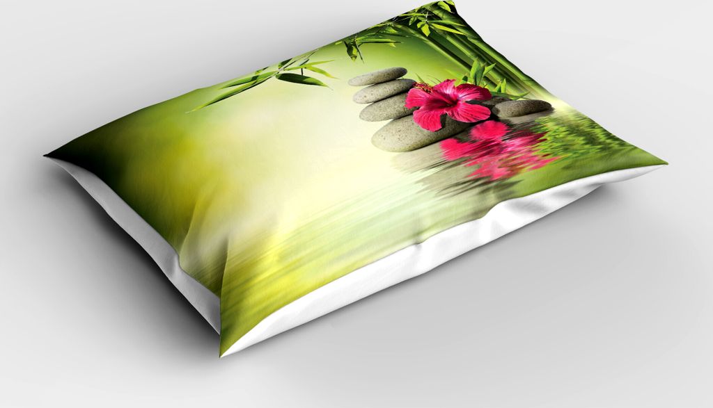 ABAKUHAUS Spa Kopfkissenbezug, Steine Und Bambusblätter Auf Dem Wasser Pool Meditations Frische Thema, 40x80 cm, Apfelgrün Magenta