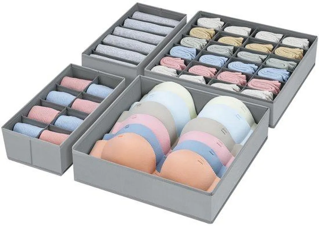 Lot de 4 Organiseurs de Tiroirs Gris Pliables avec 24 à 6 Compartiments