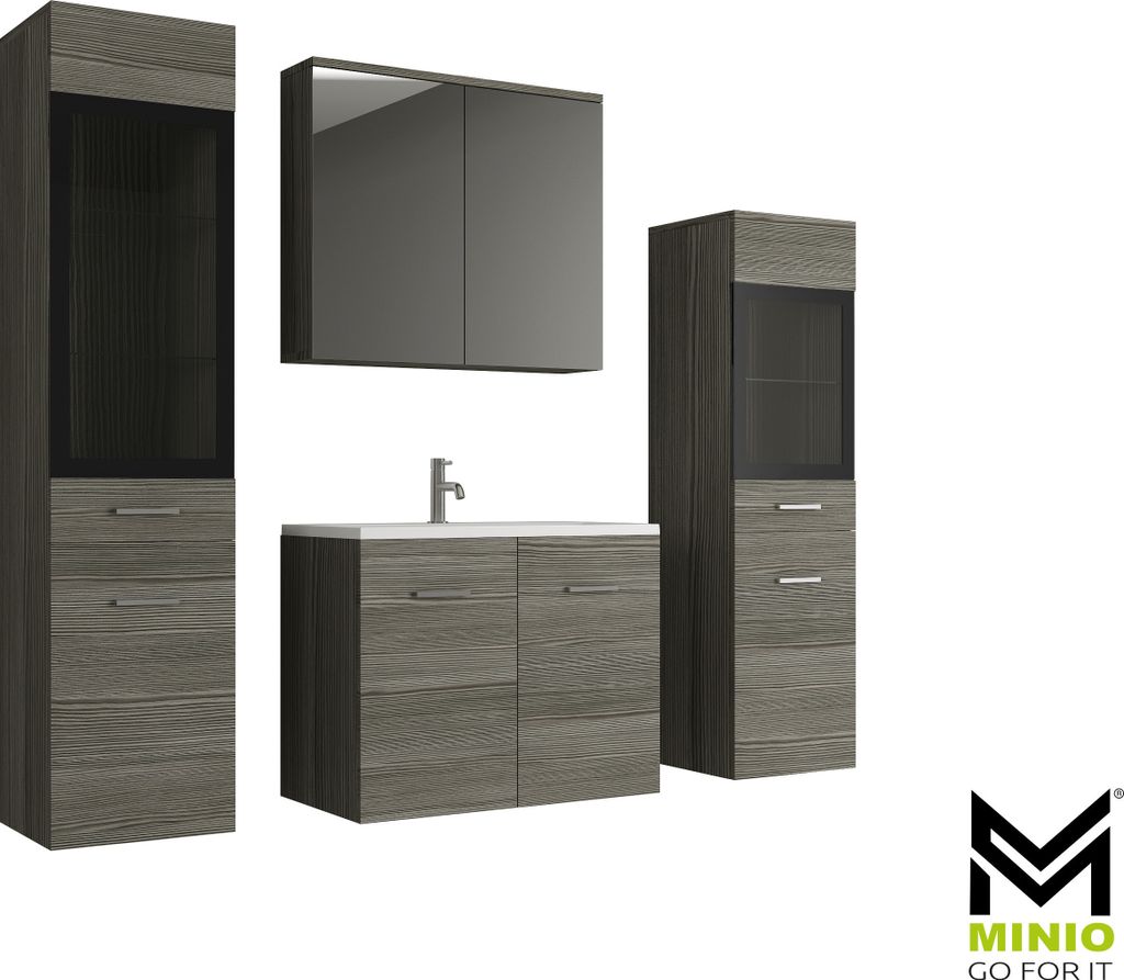 A set of bathroom furniture including a vanity, a medicine cabinet, and two tall cabinets, displayed against a white background.