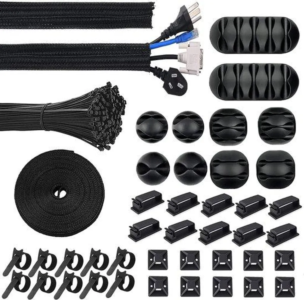 Rangement de câbles pour bureau et TV - Pack de 142 accessoires noirs