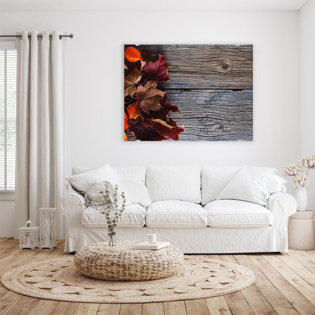 Glasbild Wandbild Herbstlaub auf Holztisch 80x60cm in XXL für Wohnzimmer, Schlafzimmer, Badezimmer, Flur