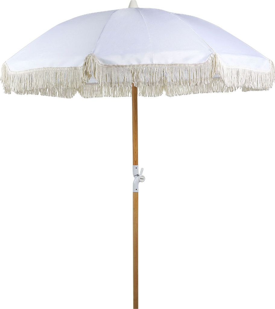 BELIANI Sonnenschirm Weiß Stoff-Bespannung Rund 150 cm mit Volant Regenschutz Holzmast Neigungsfunktion Kurbel Boho Garten Outdoor Balkon Terr...