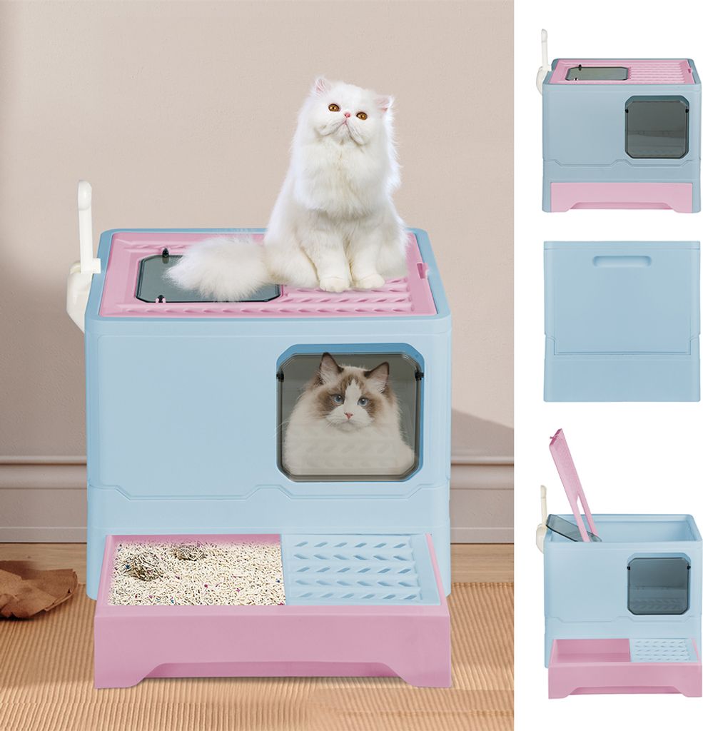 Katzenklo mit Deckel,geschlossene Katzentoilette,Fronteinstieg und Ausgang oben,Anti-Spritz-Katzenklo 45x35x38cm Blau