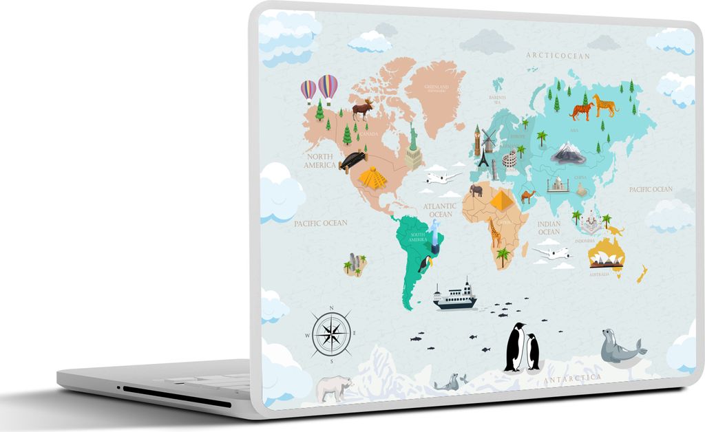 MuchoWow Laptop Aufkleber Sticker Cover Weltkarte Kinder - Symbole - Kompass 30x22 cm - Laptop-Sticker