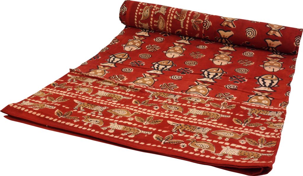 Blockdruck Tagesdecke, Bett & Sofaüberwurf, Handgearbeiteter Wandbehang, Wandtuch - Design 14, Rot, Baumwolle, Größe: Double 225*275 cm
