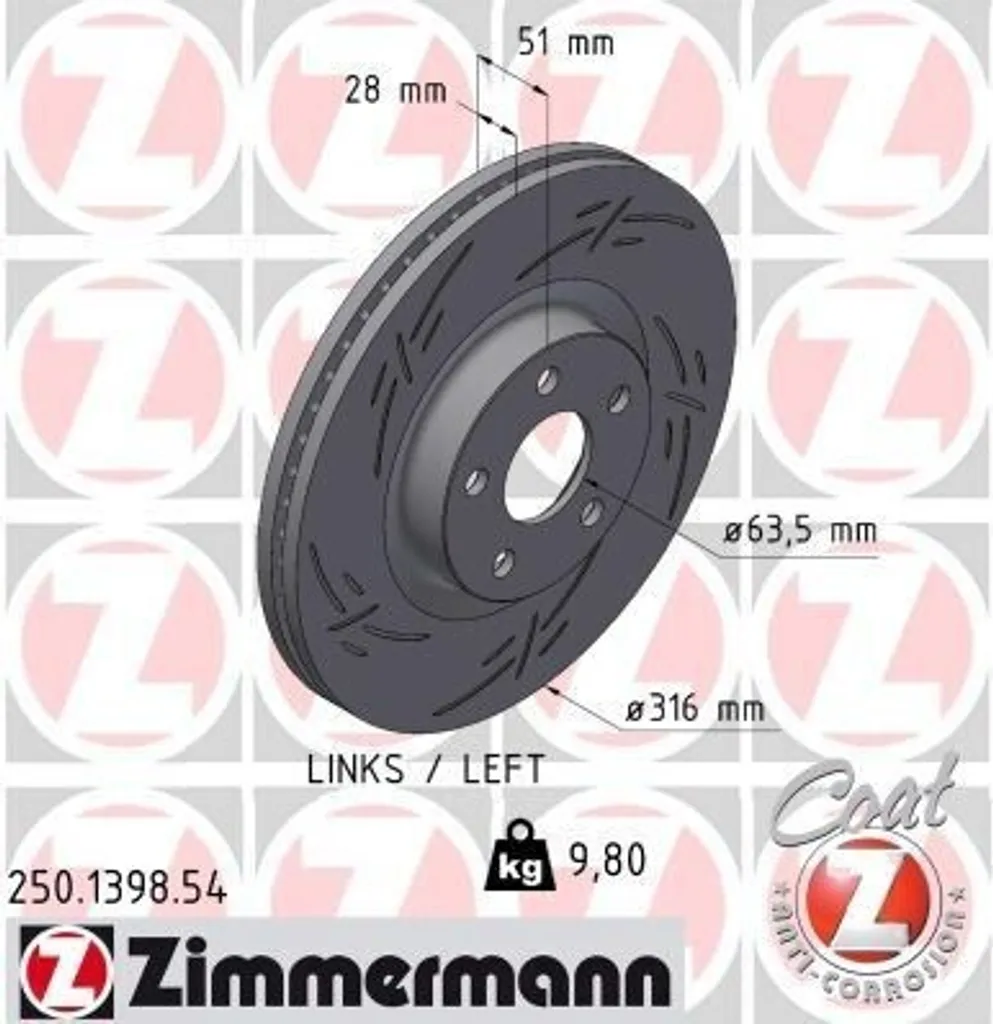 Disque de frein avant ZIMMERMANN 250.1398.54 pour FORD S-Max (CJ) 316 mm