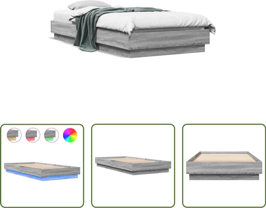 The Living Store Bettgestell LED Grau Sonoma-Eiche 100x200 cm